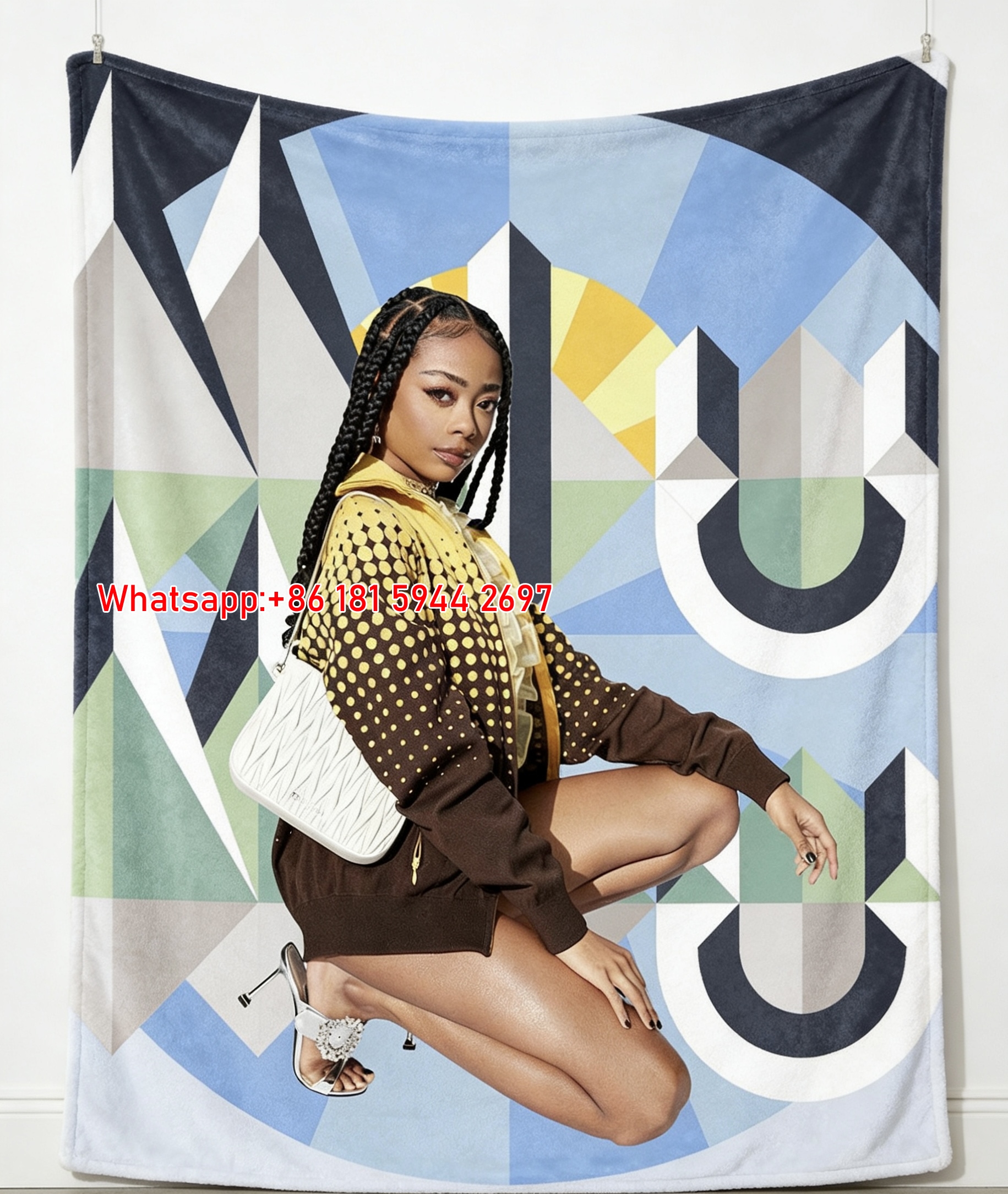 Miu Miu Pastel Blue Geometric Print Flannel Throw Blanket IMG_0416